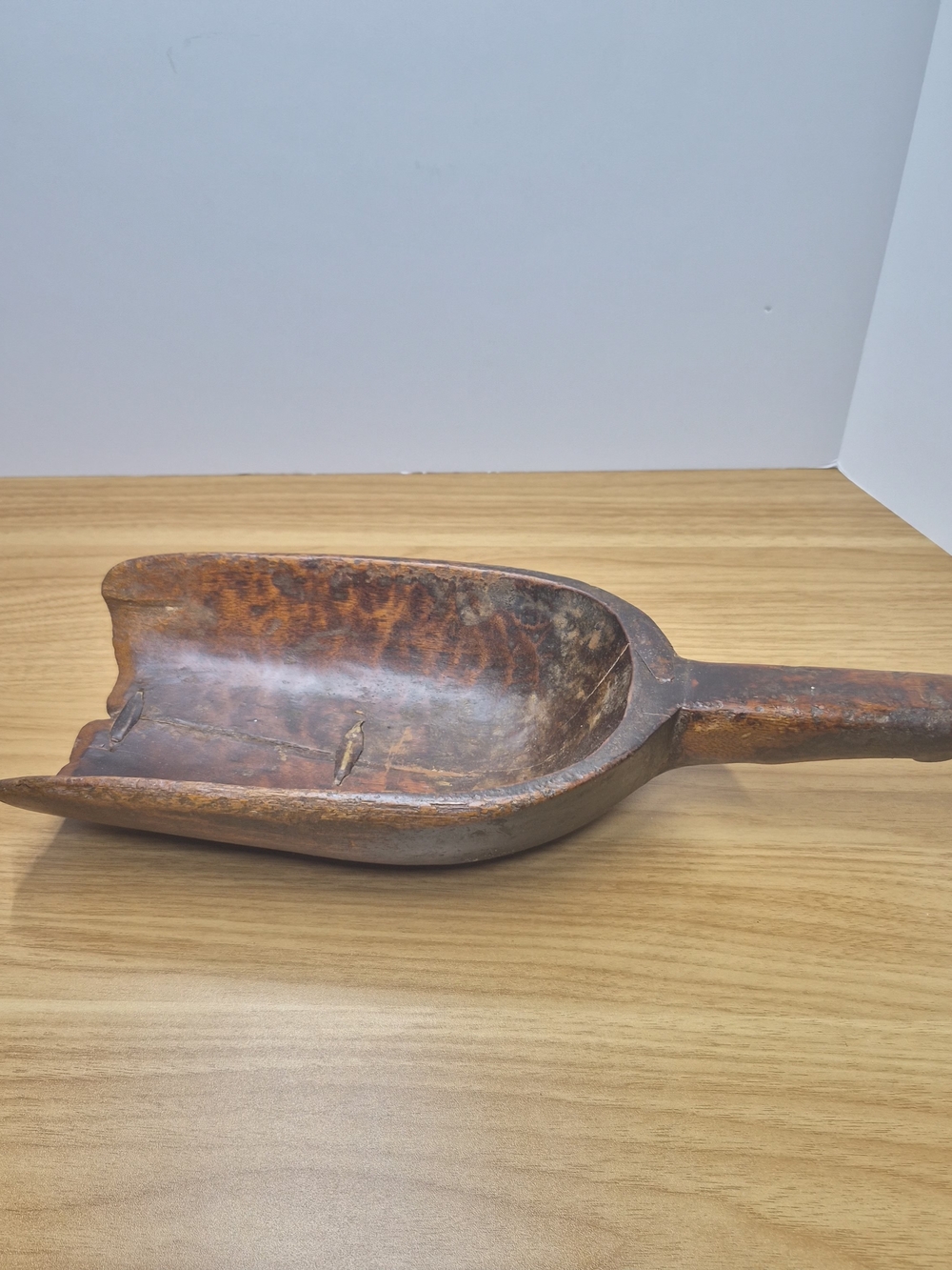 Antique Primitive Hand Carved Wood Grain Scoop Metal Staple Repair European
